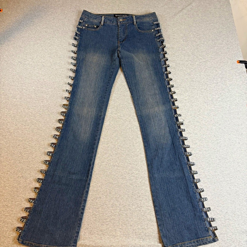 Vtg Platinum Plush Y2K Rhinestone Cutout Jeans 30x33" Side Ladder Bootcut Bling